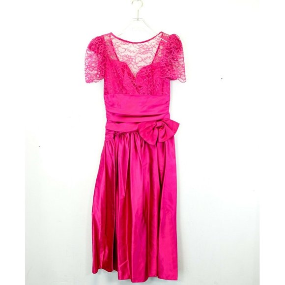 VINTAGE Fuchsia Pink Maxi Long Dress XS Ruched Illusion Pleated Empire‎ Waist - Picture 1 of 11